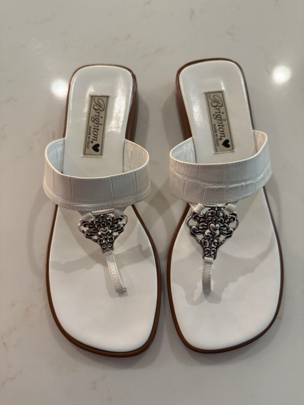 Brighton White Leather Thong Sandals with Silver Filigree. Dressy Flip Flops.